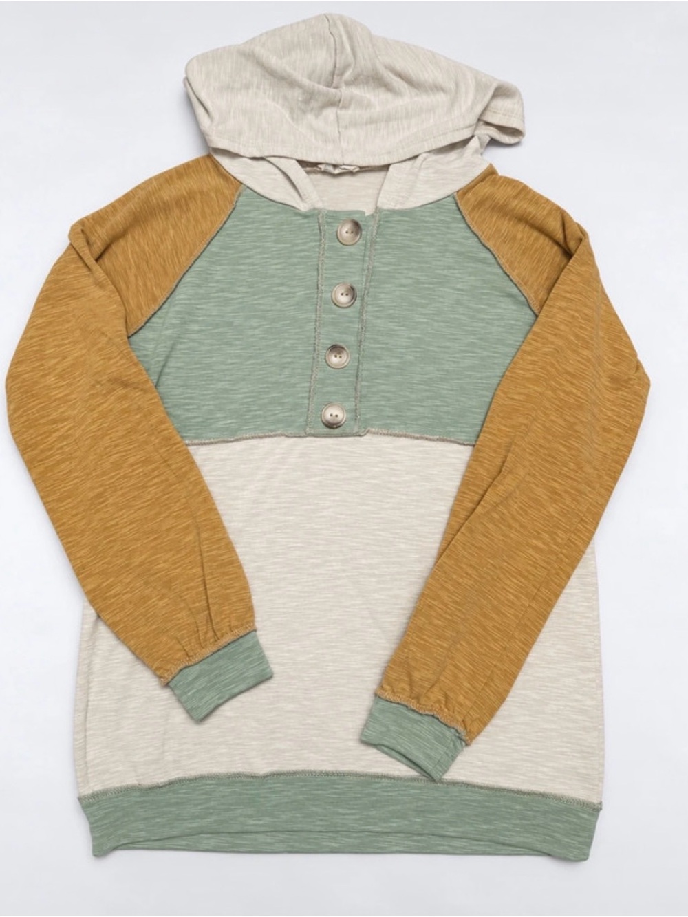 BiBi Colorblock Hooded Pullover in Sage, Mustard & Cream